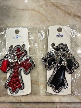 Mint Rhinestone Cross Bag charm or key ring Set in Black & Red NWT